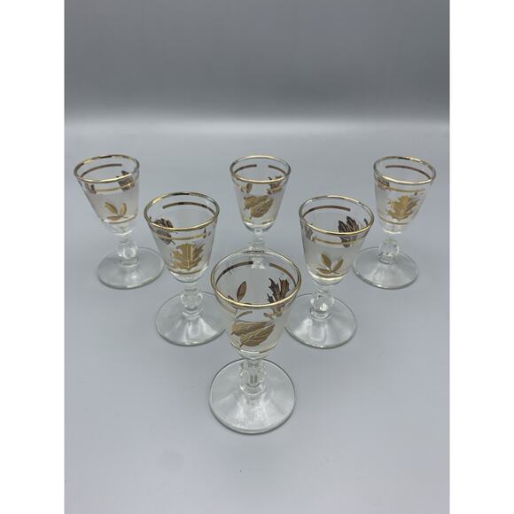 Mid Century Vintage Libbey Shot Glasses, Set Of Six, Frosted With Gold Leaf - Picture 1 of 9